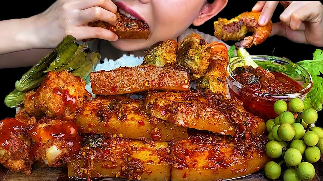 DELICIOUS\\SPICY PORK BELLY, FRIED CHICKEN, FRIED PRAWN * MUKBANG SOUNDS *