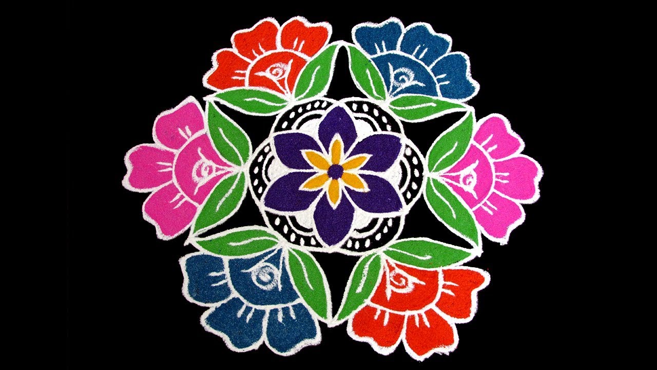 Simple & Easy Flower Rangoli | 9x5 Middle Dots Latest Flower Rangoli Designs 2019