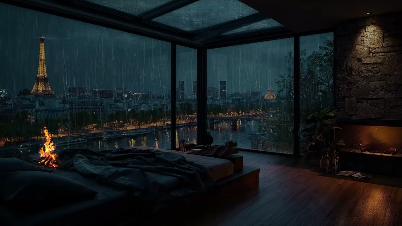 Rainy Paris Night 🌧️ Luxury Penthouse Fireplace Bedroom | 8 Hours Deep Sleep