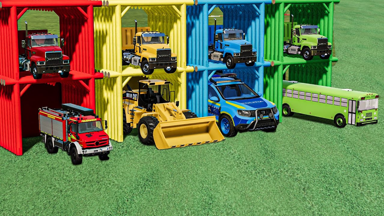 GARAGE with COLORS - TRANSPORTING POLICE CARS , SCHOOL BUS , FIRE TRUCK , LOADER | FS22