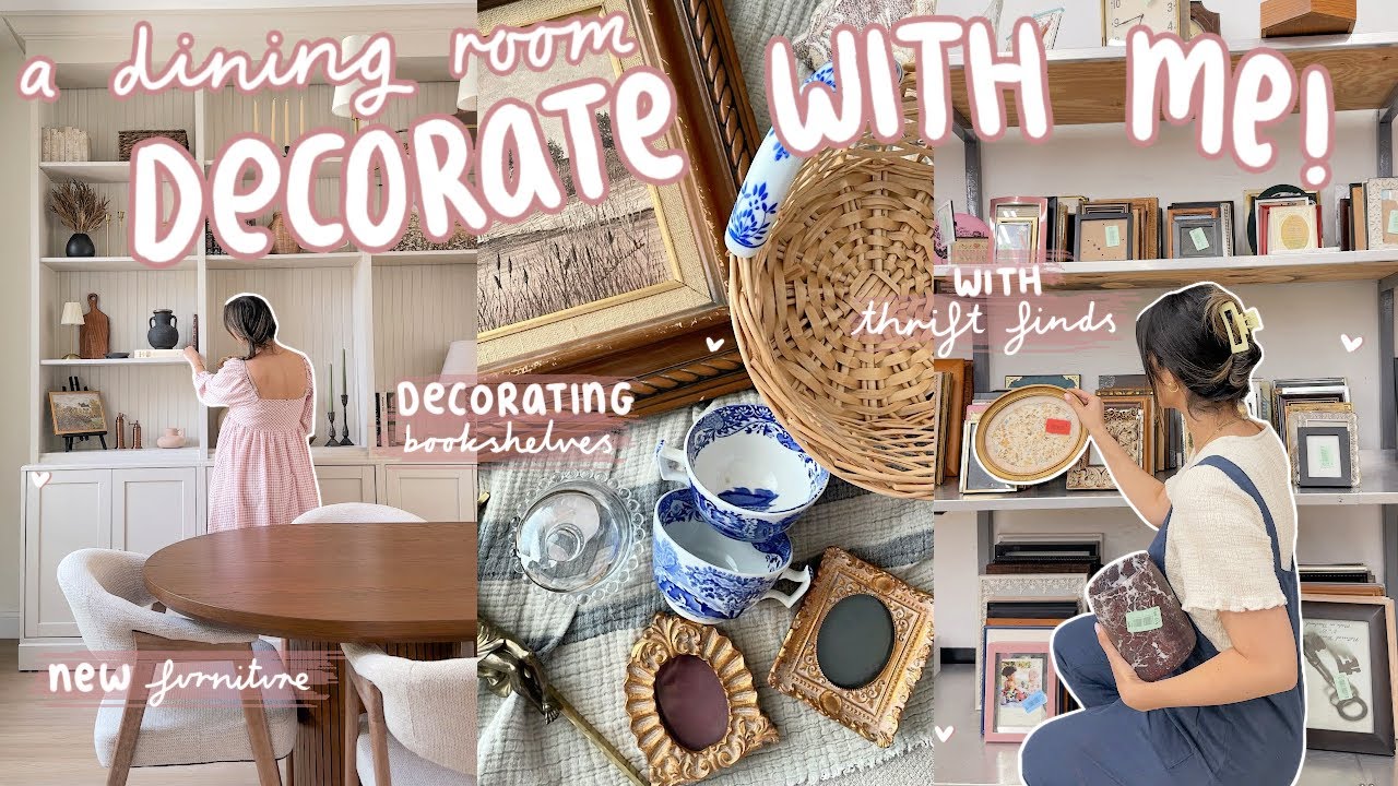 DECORATING the dining room for FALL🍁 styling bookshelves with thrifted decor!