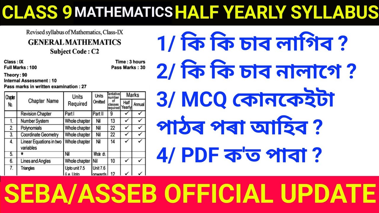 Assam board Class 9 Mathematics Half Yearly Exam syllabus. Seba board Assam. u4u3c5 a2p7l6