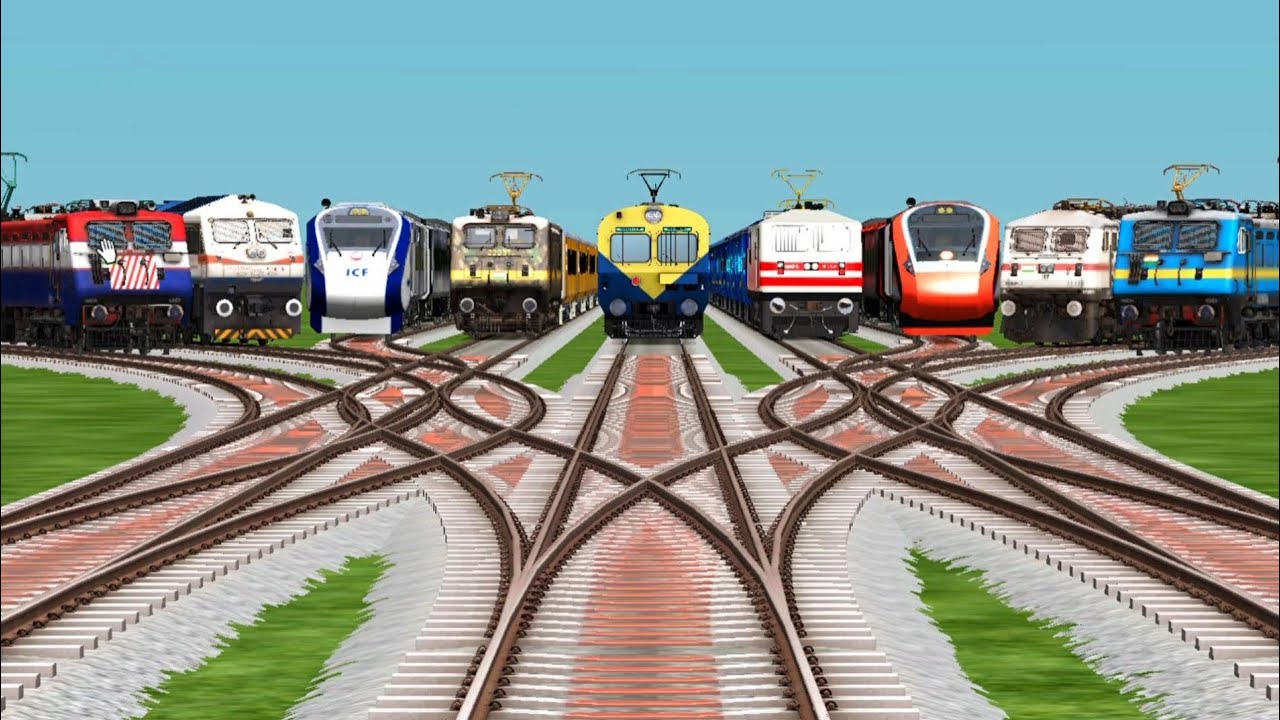 9 Trains Railroad Tracks On Bumpy Forked Railroad Tracks || Train Game || Train Simulator Classic