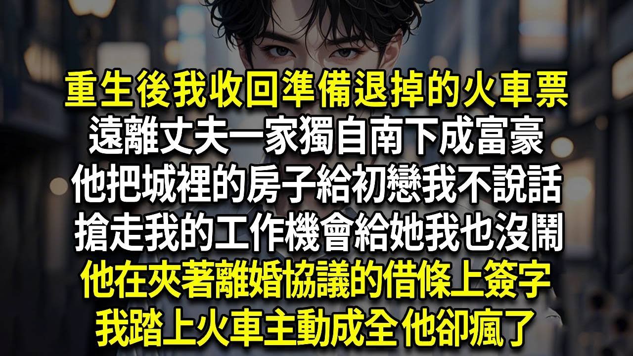 重生後我收回準備退掉的火車票，遠離丈夫一家獨自南下成富豪，他把城裡的房子給初戀，我不說話 搶走我的工作機會給她，我也沒鬧，他在夾著離婚協議的借條上簽字，我踏上火車主動成全 他卻瘋了