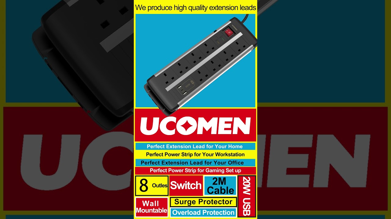 8 Way Extension Lead Surge Protection, Power Strip with 20W Fast Charging USB C, 2M Cord, UK Plug