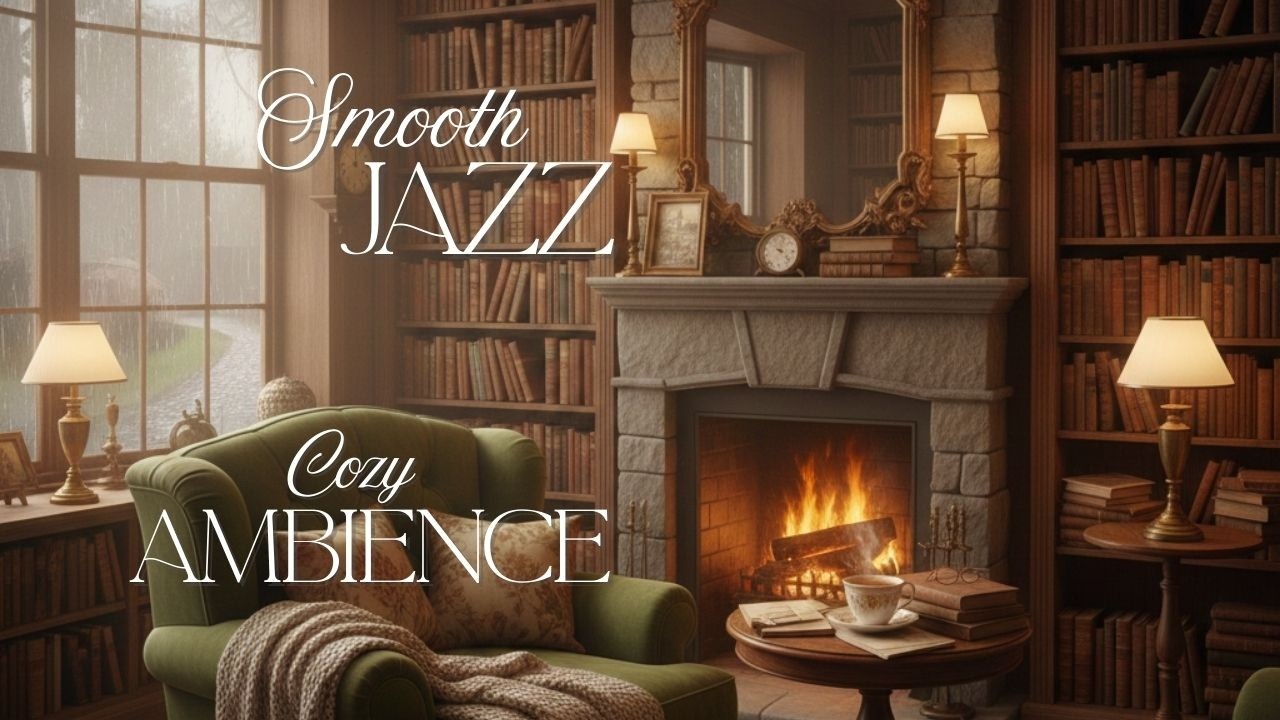 Cozy Library Ambience with Smooth Jazz & Crackling Fireplace