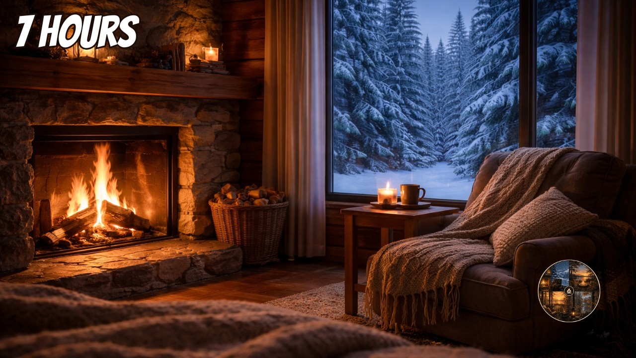 4K Cozy Evening by the Fireplace 🔥 Warm Cabin & Snowy Forest | Relax, Sleep (7 Hours)
