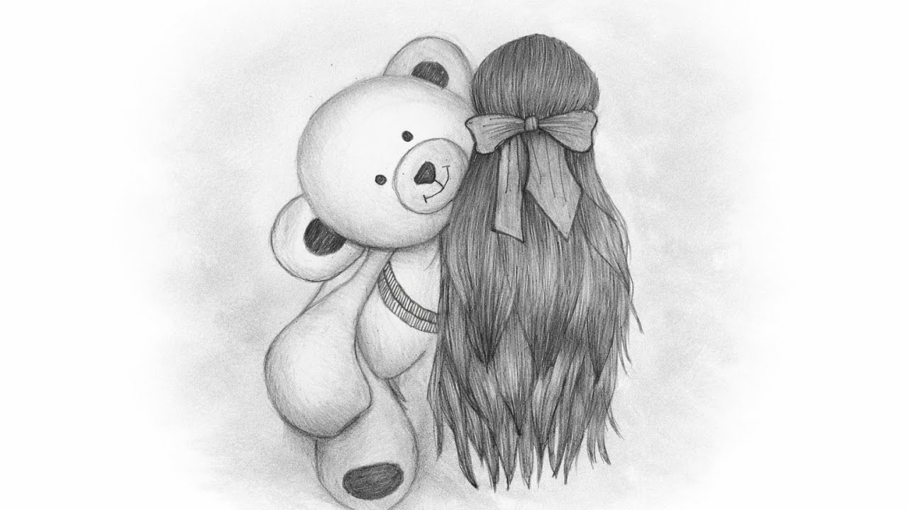 Teddy Bear & Girl Braid Pencil Sketch /Valentine Special Love Drawing / 14 Feburary drawing 