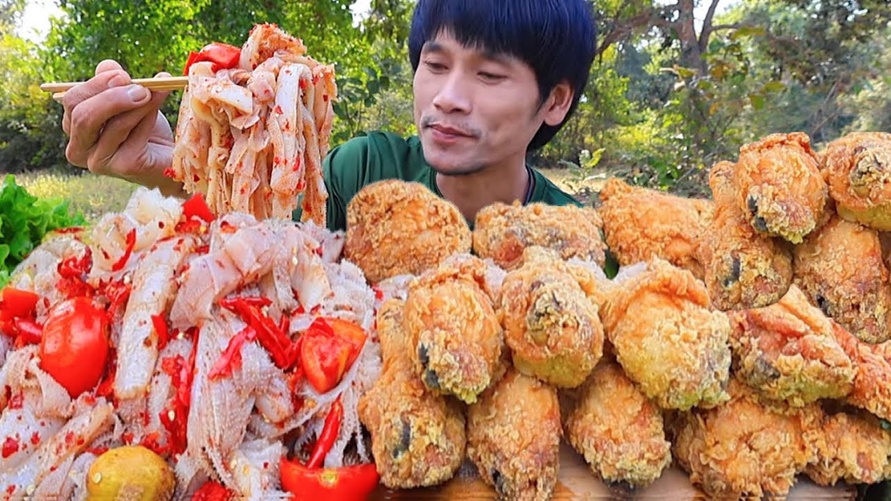 ตำสะไบนางไก่ทอดแกล้มผักสดแซ่บคักอีหลีครับพี่น้องMUKBANG EATING SHOW/โก้อีสานพาแดก