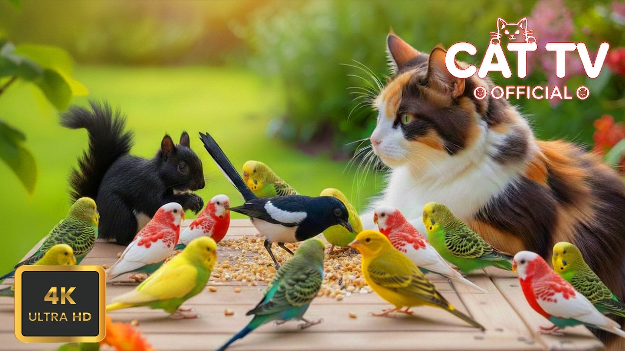 [NO ADS] Cat TV for Cats to Watch 😸 Birds & Squirrels eat on a wood 🕊️Bird videos for cats 4K HDR