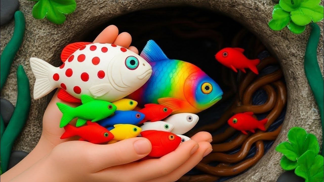 Catching Beautiful Fish in a Natural Small Pond baby turtles, eel, frog, pencil fish, nemo fish