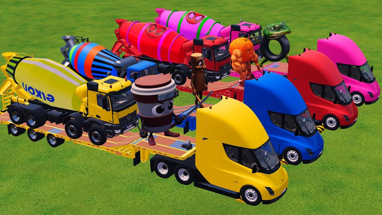 Trucks With COLORS - KENWORTH MIXER TRUCK and XCMG EXCAVATOR with FLATBED TRAILER TRUCK - FS22