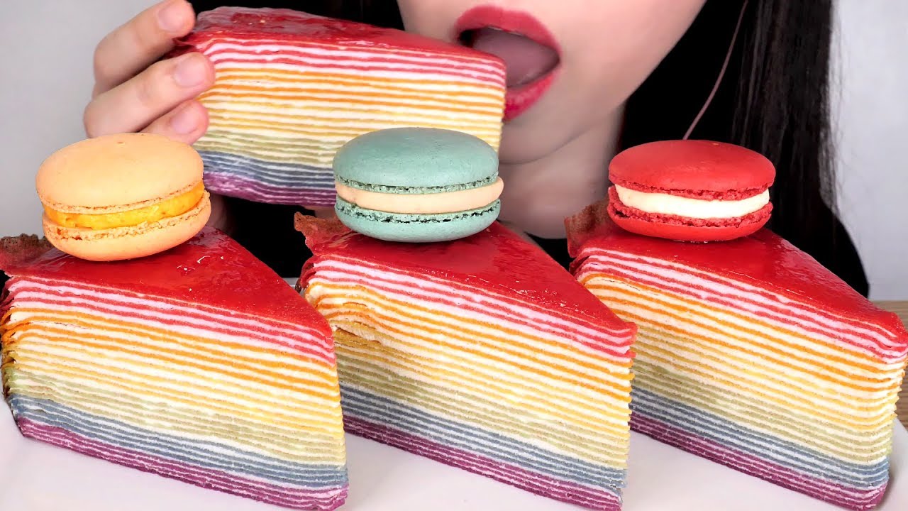 ASMR CREPE CAKE(Rainbow) & MACARON 크레이프케이크 & 마카롱 먹방 MUKBANG (No Talking Sticky Eating Sounds) 咀嚼音