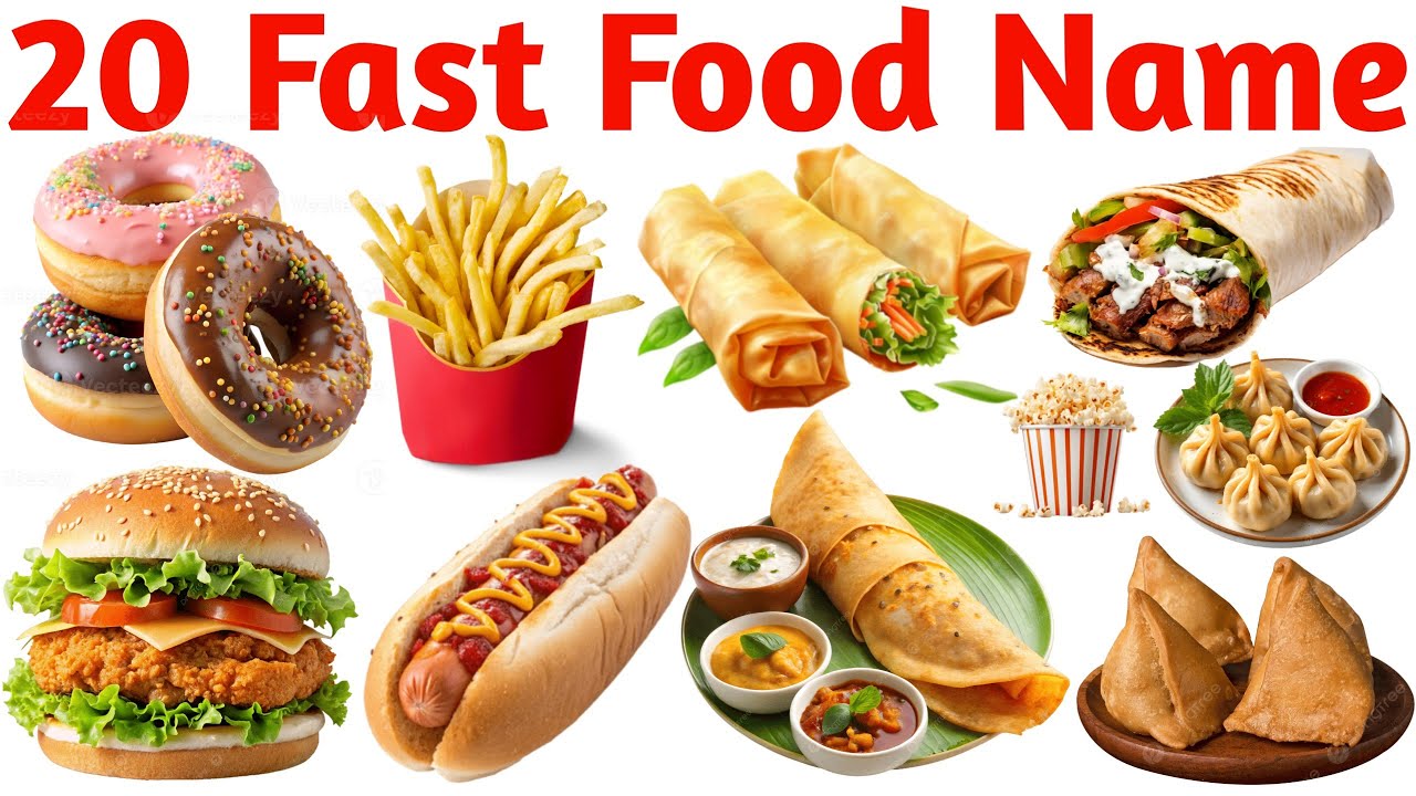 Fast Food Names for Kids | Learn 20 Popular Fast Foods | Preschool Learning Video in Hindi-English
