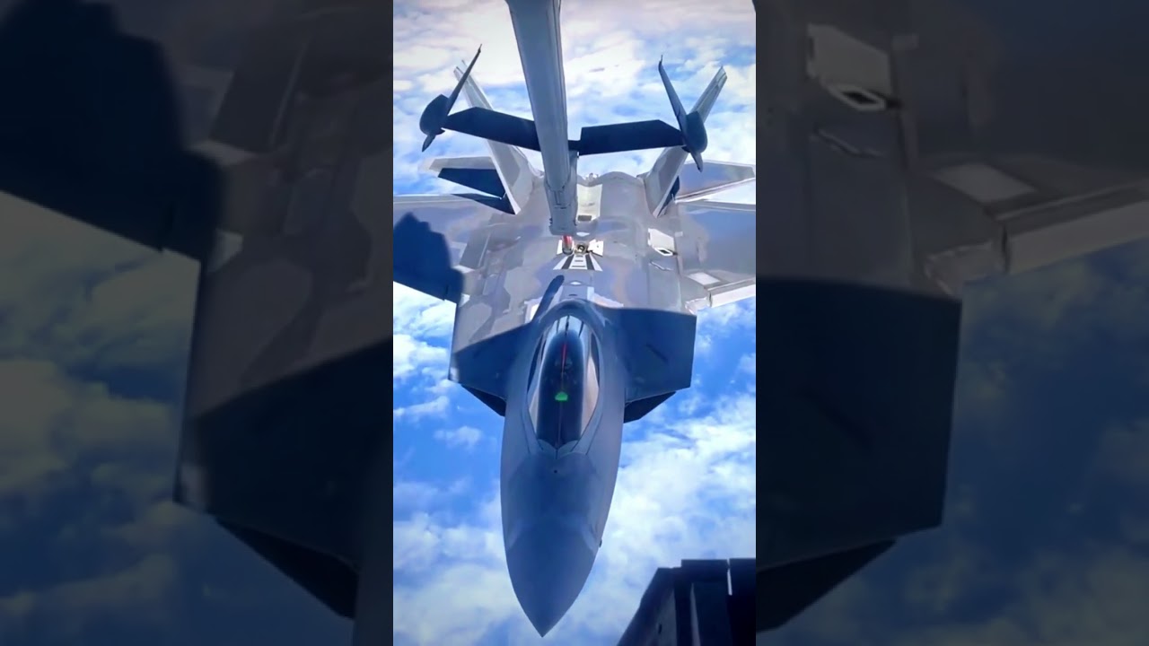 KC-135 is air-to-air refueling an F-22 fighter jet. #shorts