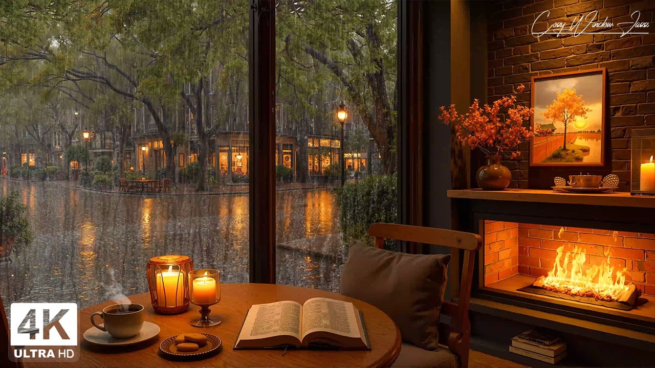 Relaxing Caf&eacute; Rain Ambience ☕🌧️ Gentle Jazz Vibes & Fireplace Sounds for  Peaceful Chill Moments
