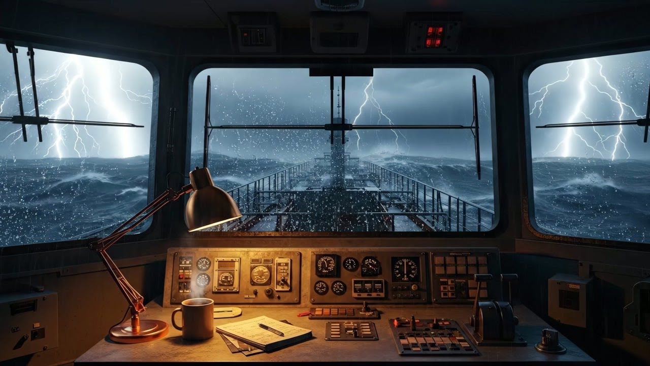 Deep Sleep Sanctuary: Cozy Ship's Bridge Rain & Thunderstorm for Relaxation & Focus | 8 Hours