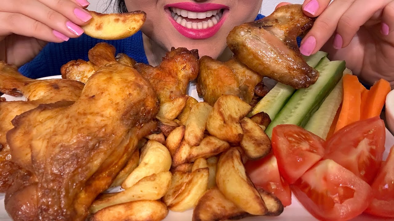 Mukbang grilled chicken & Fries and vegetables| موکبانگ مرغ گریلی و سیب زمینی سرخ شده با سس وسبزیجات