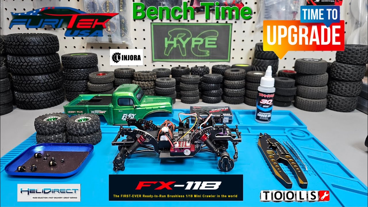 Furtitek FX118 Bench Time! Tools, Wheel hex, Shocks, and Servo.