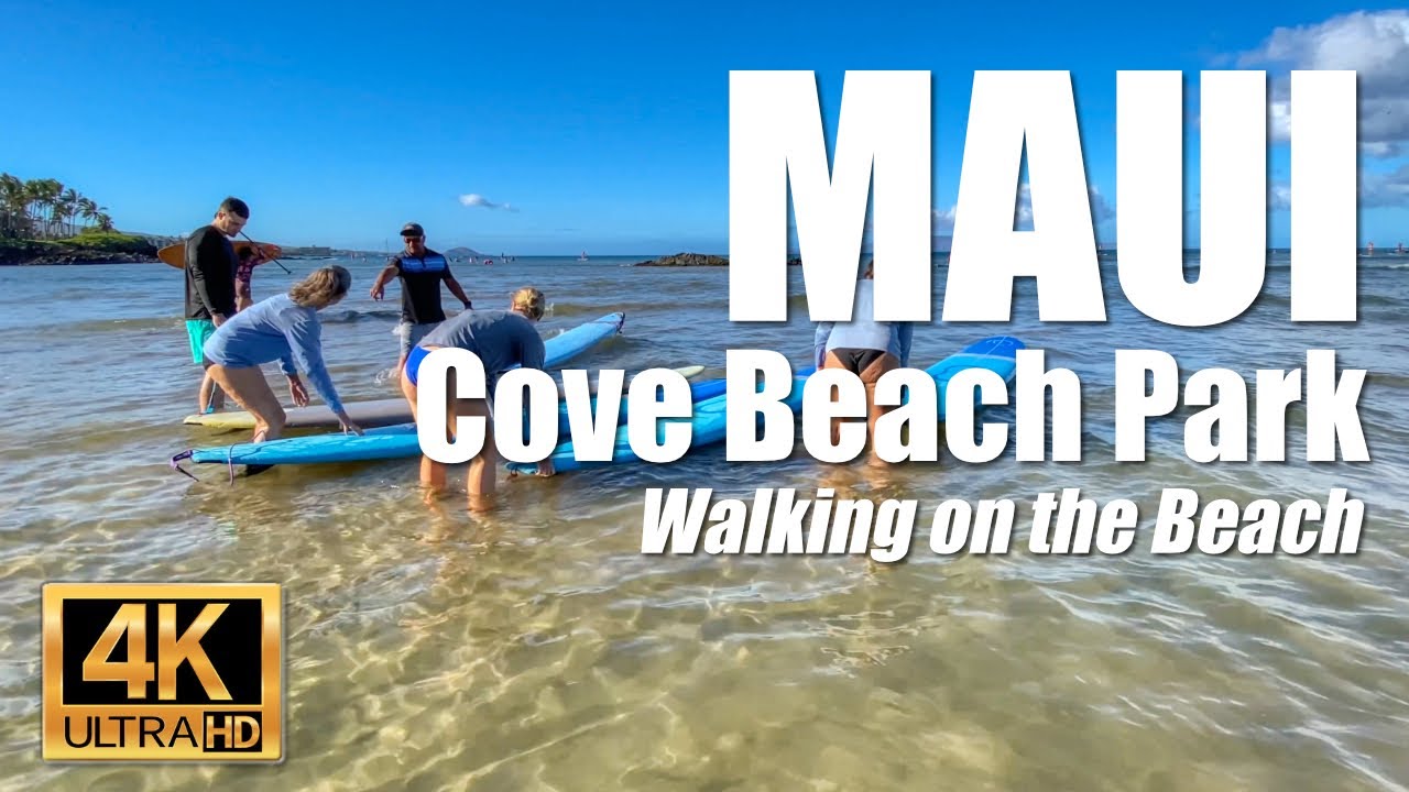 Close up view of surfing lessons at the street and surf at Cove Beach Park in Kihei, Maui, Hawaii 4K