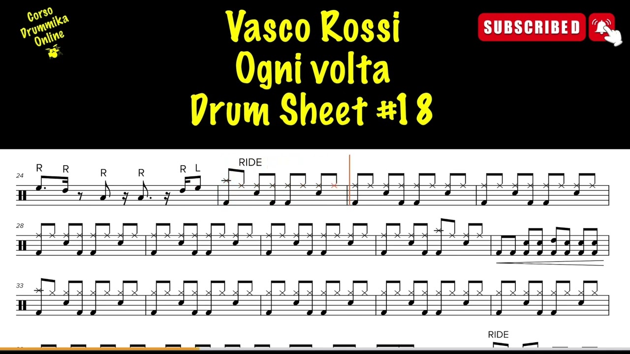 VASCO ROSSI Ogni volta DRUM TRANSCRIPTION DRUM SHEET SPARTITO BATTERIA #18 + Pdf