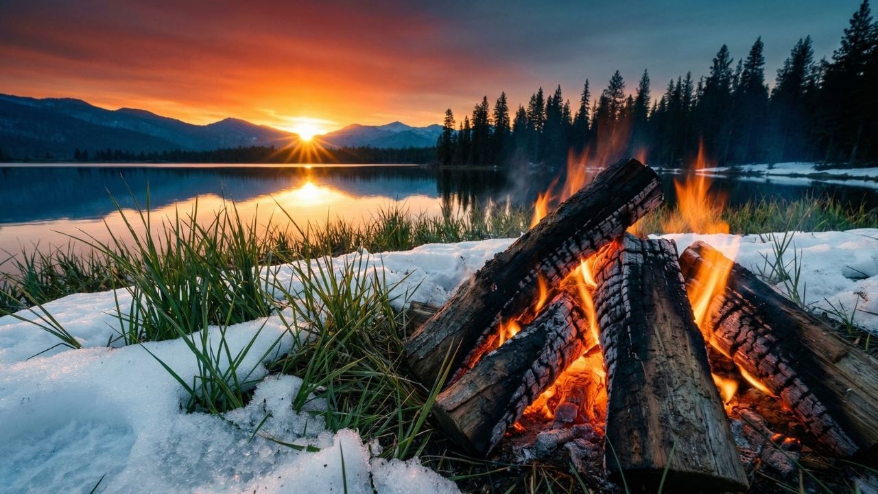 Relaxing Campfire ASMR 🔥 Snow, Lake & Sunset | Stress Relief Sleep