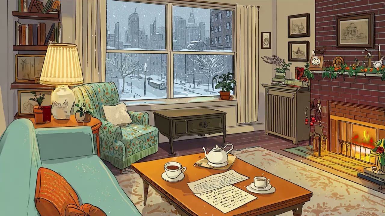 vintage jazz on a snowy 1950s in a cozy New York city and It's a cozy snowy night