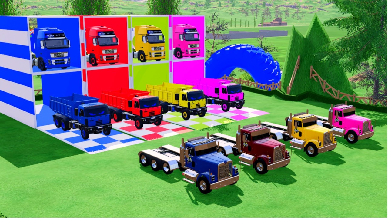 TRANSPORTING ALL THE COLORFUL MIXER TRUCKS, EYED DUMP TRUCKS, WITH FIAT 180 TRUCKS TO THE GARAGE