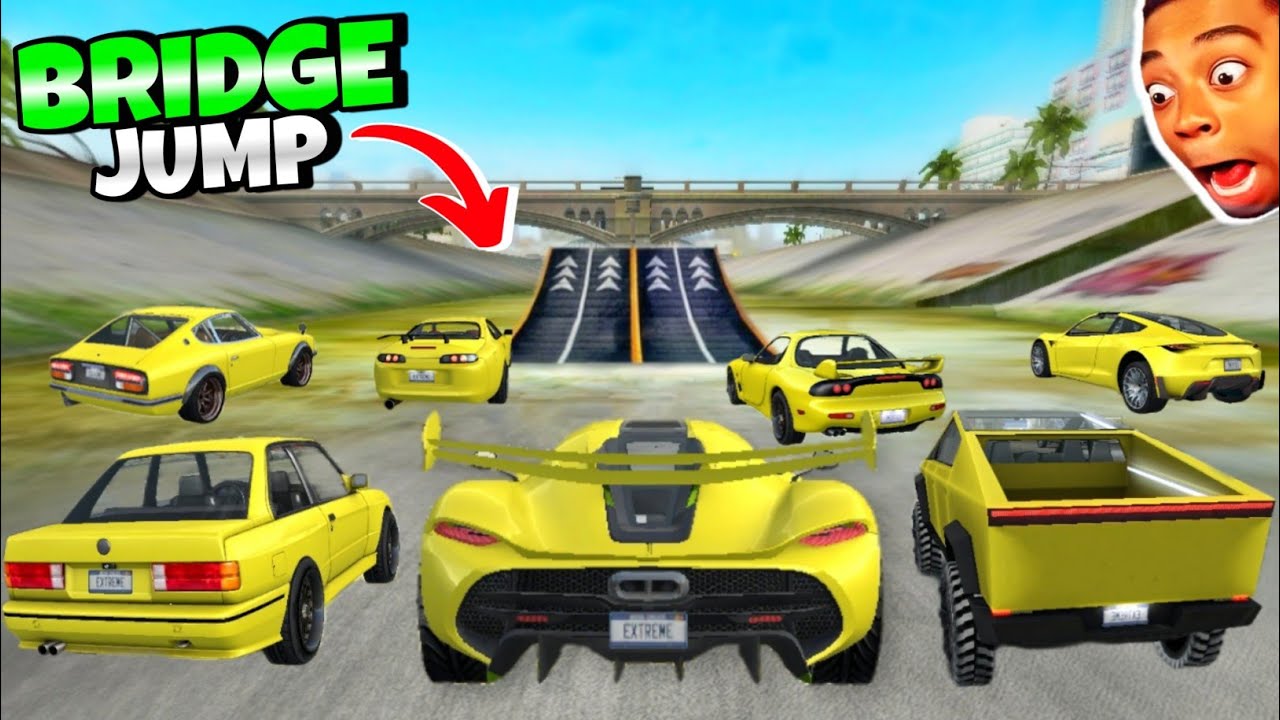 All Yellow Cars Stunts Through Bridge Ramp Challenge | Extreme Car Driving Simulator | Cars Gameplay