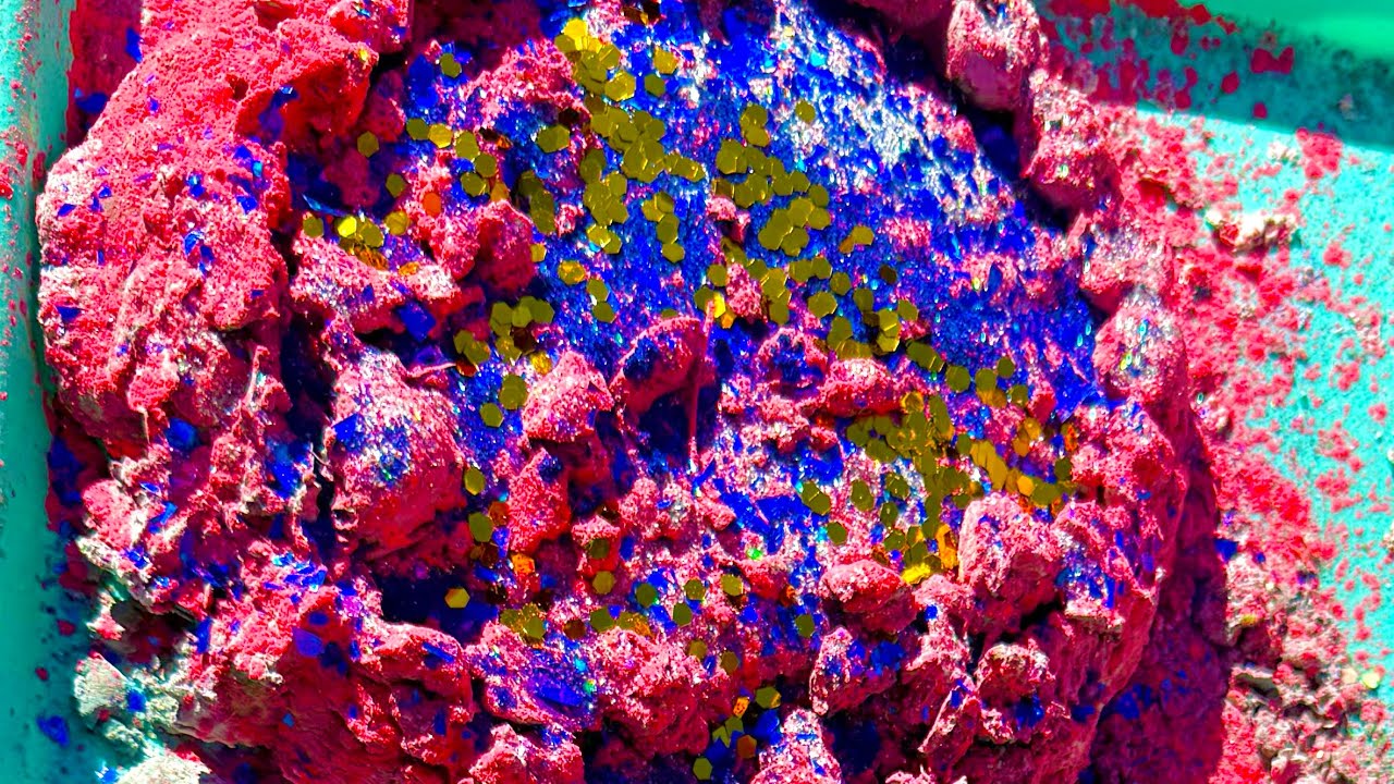Holi rangoli pigment powder blue silver gold glittter on gum chalk rose marigold reforms asmr crush