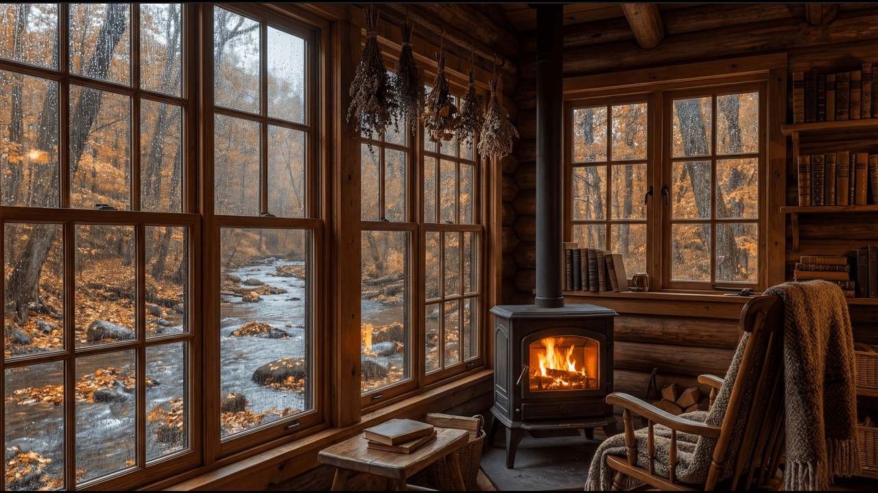 Autumn Cabin Rain & River Flow 🍂🔥 Cozy Fireplace Window Ambience | 4K Relaxing Cabin Sounds 2 Hours