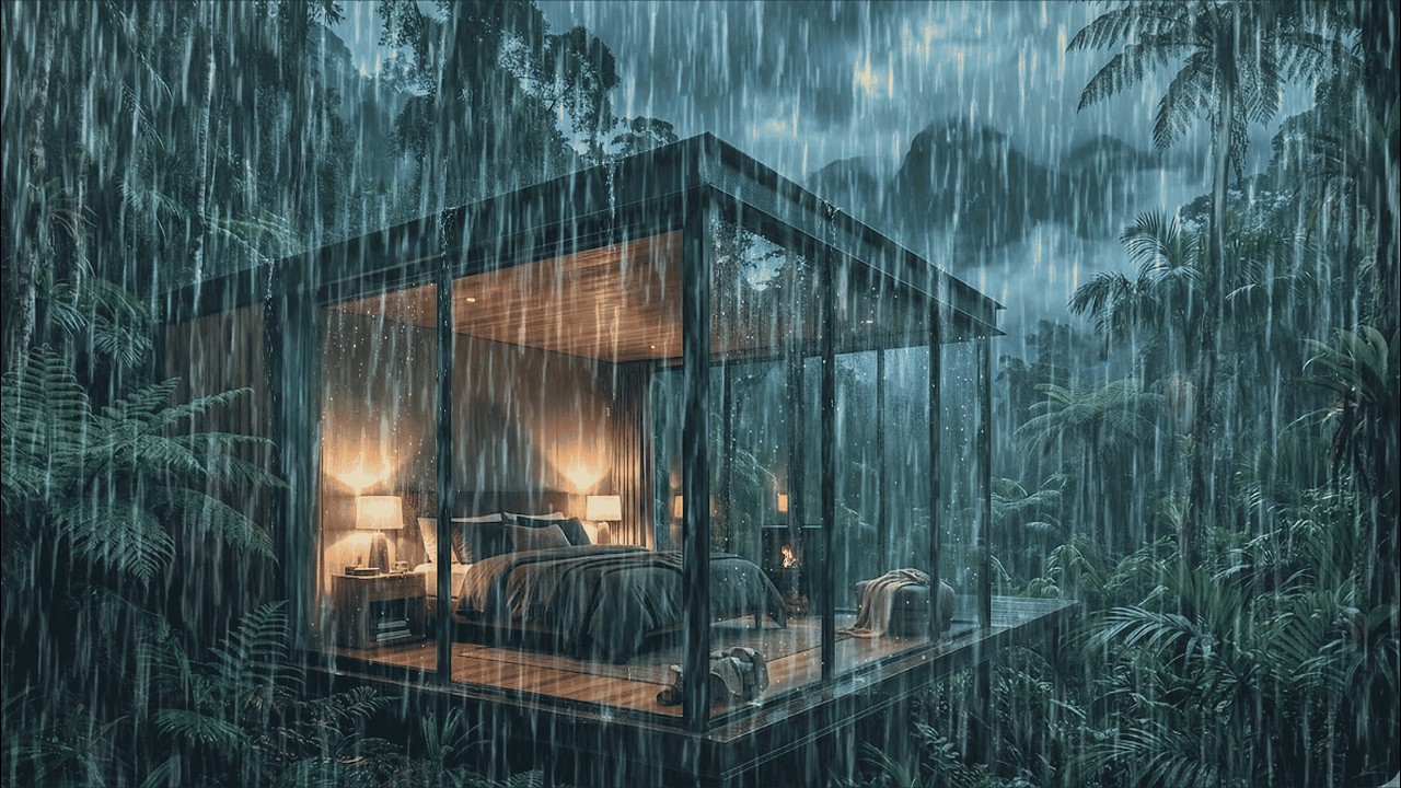 Rain Sounds for Deep Sleep | ASMR Cozy Glass Cabin | Heavy Rain Ambience Fall Asleep in the night