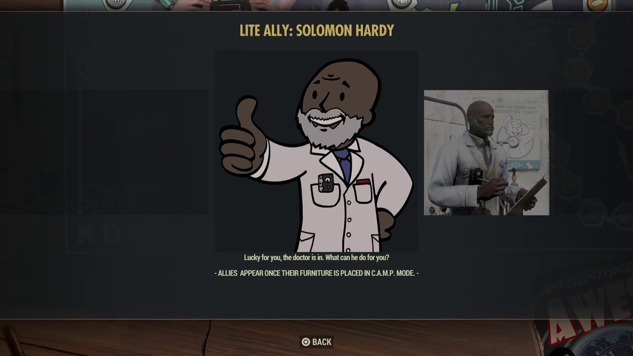 Fallout 76 New Lite Ally Solomon Hardy Doctor The Scribe of Avalon Reward