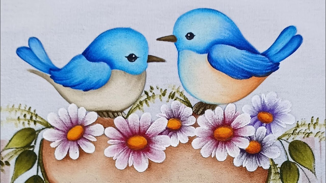 Passarinhos, pintura em tecido.
