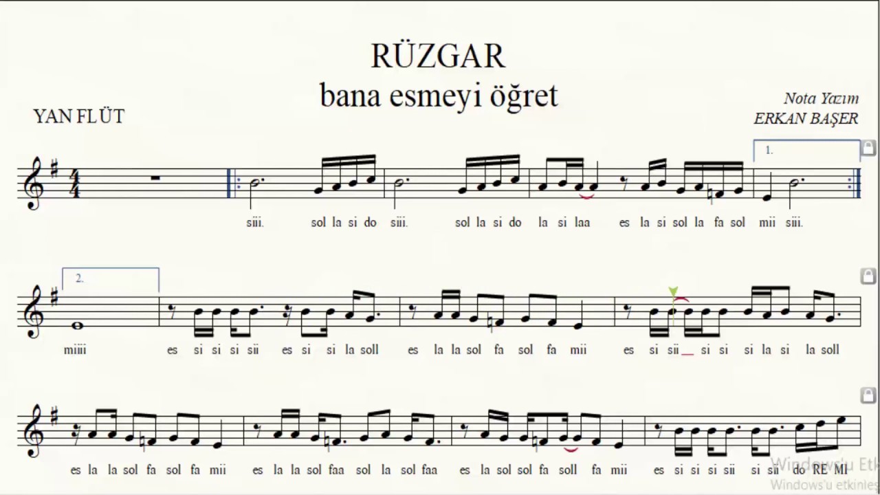 RÜZGAR bana esmeyi öğret YAN FLÜT notaları EŞLİKLİ