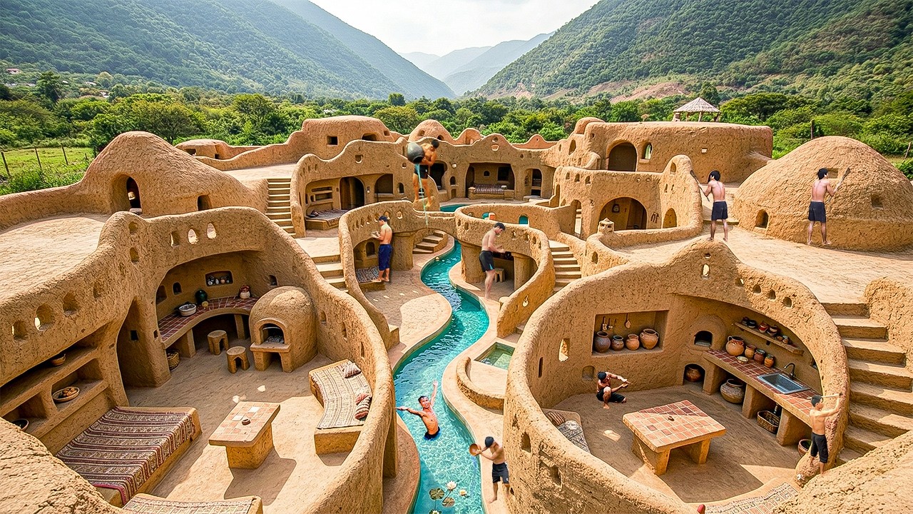 Building a Luxury Clay Cave House with Spiral Slides and Hot Spring Pools Using Primitive Tools