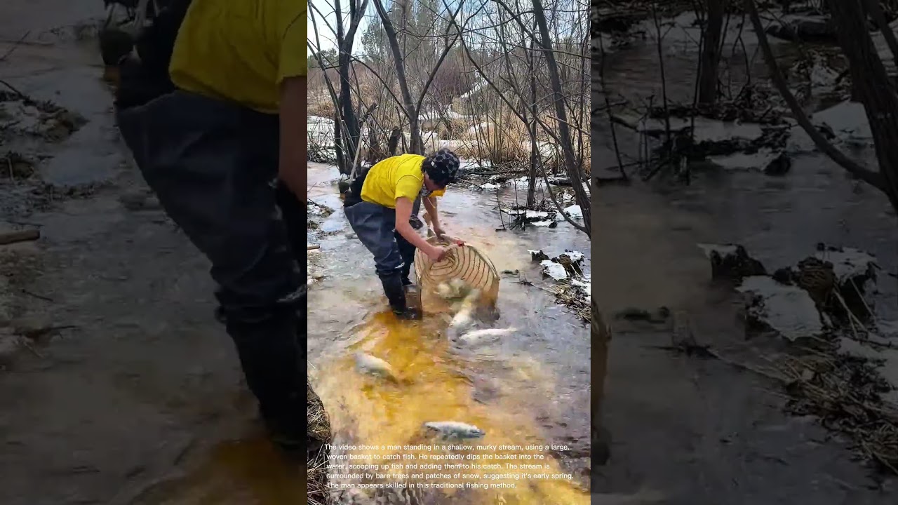 Traditional Fishing: Man Catches Fish in Stream with Woven Basket