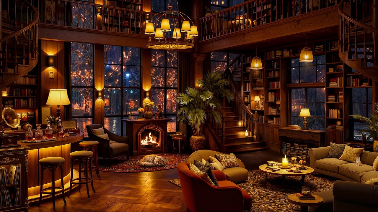 ☕🌧️Late Night Jazz Music at Cozy Coffee Shop Ambience & Rain Sounds for Relaxing, Studying, Working