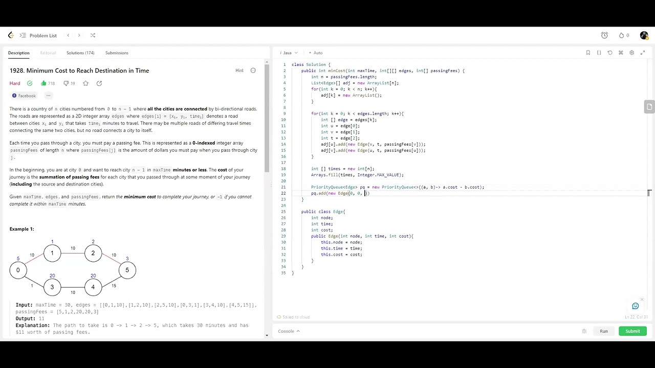 Leetcode 1928. Minimum Cost to Reach Destination in Time | Java | Dijkstra's algorithm