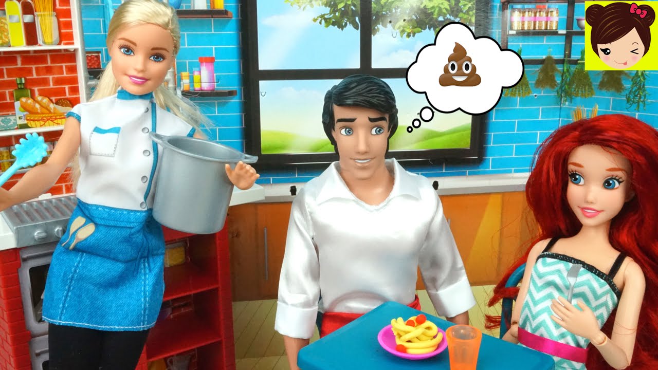 Barbie Spaghetti Chef Cocina para La Princesa Ariel y Eric - Juguetes de Barbie con Plastilina