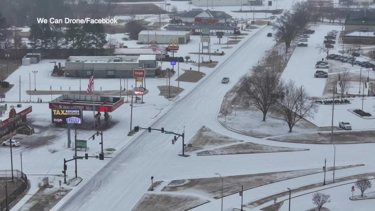 Drone video shows ice storm in Booneville