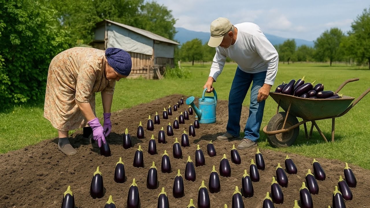 Grandma and Grandpa are Planting Eggplants - Azerbaijan Rural Life