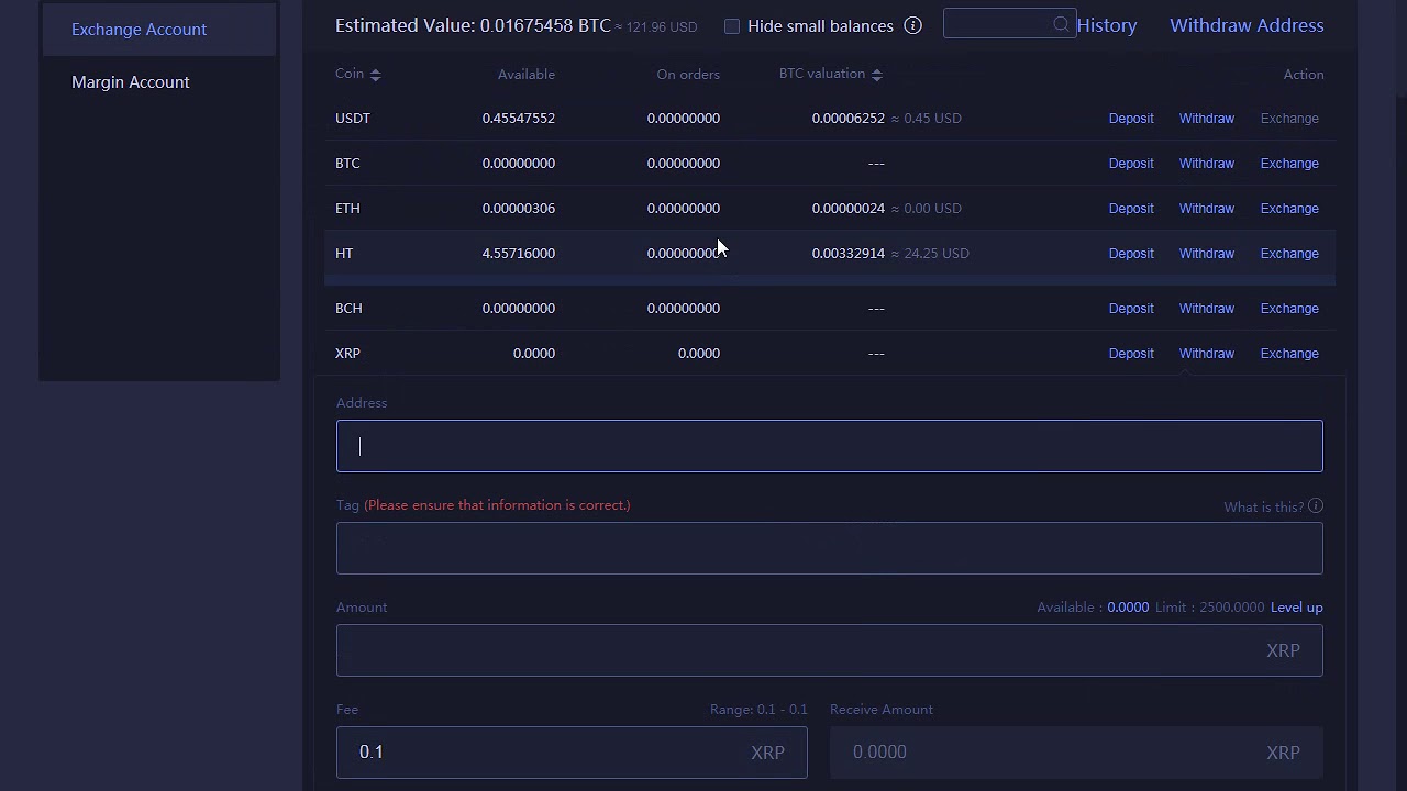 DEPOSITS & WITHDRAWALS huobipro