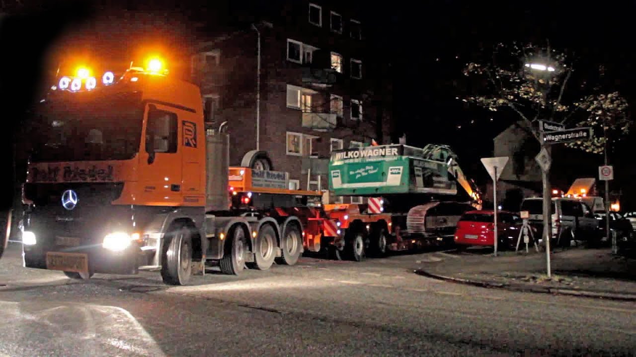 BUNKER ABBRUCH CATERPILLAR 345D [4] BAGGER AUF NOOTEBOOM SCHWERTRANSPORT ACTROS TITAN DREAM MACHINES