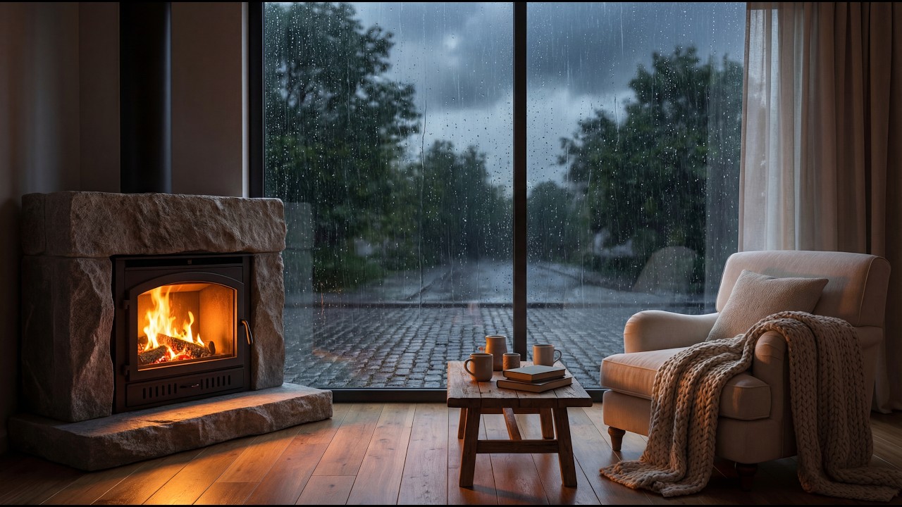 24/7 LIVE Fireplace Rain Ambience 🔥🌧️ Stress Relief • Focus • Cozy Night
