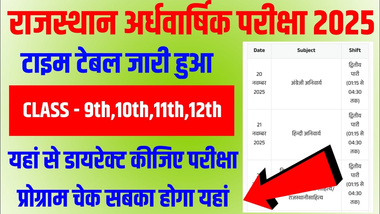 RBSE 9th,10th,11th 12th Half Yearly Exam 2026 Time Table | Rajasthan Half Yearly Exam Date 2026