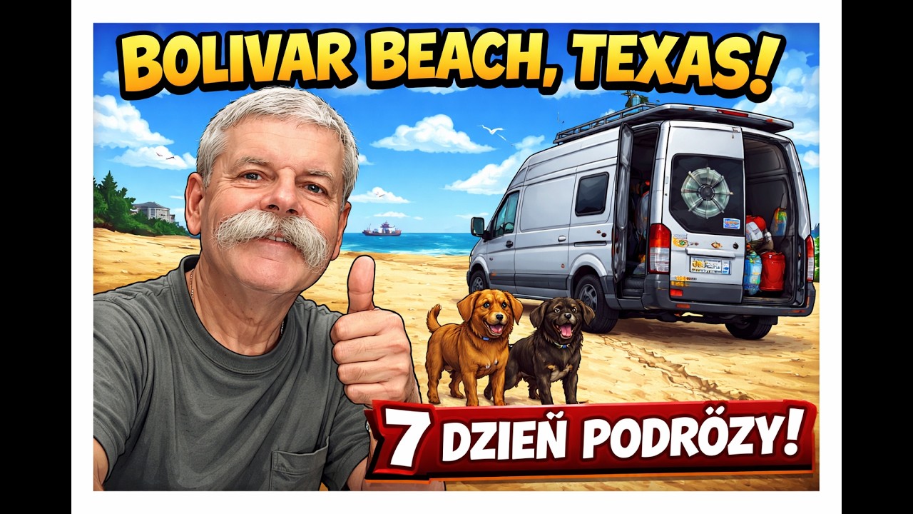 FL-CA 2026. Dzień 7. Kamperkiem na plaży. Śniadanie w vanie. Bolivar Beach w Teksasie.