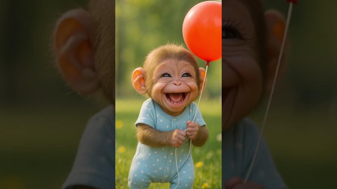 Baby Monkey Takes First Steps with Balloon 🎈💛 | Cutest Baby Laugh Ever!