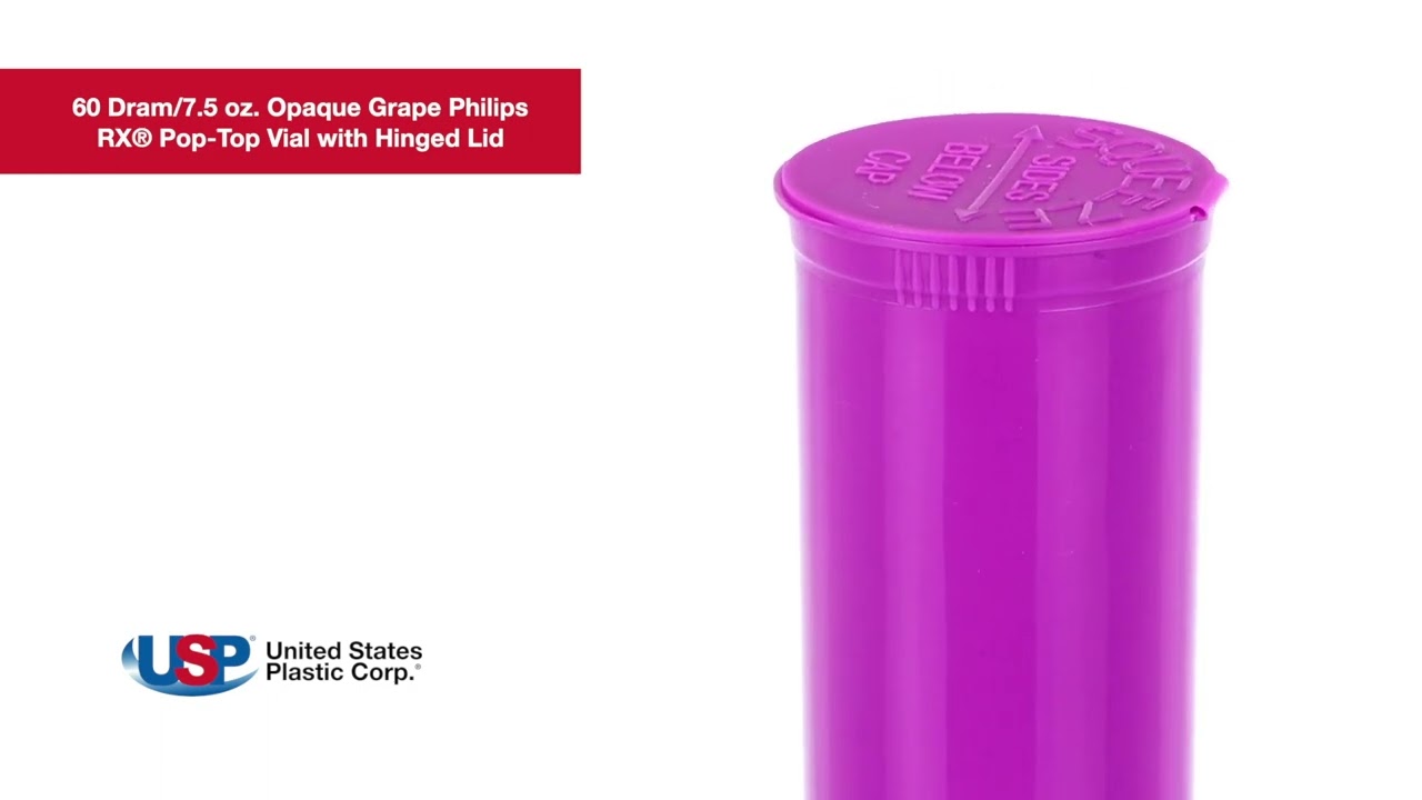 60 Dram Opaque Grape Philips RX&reg; Pop-Top Vial with Hinged Lid| U.S. Plastic Corporation&reg;
