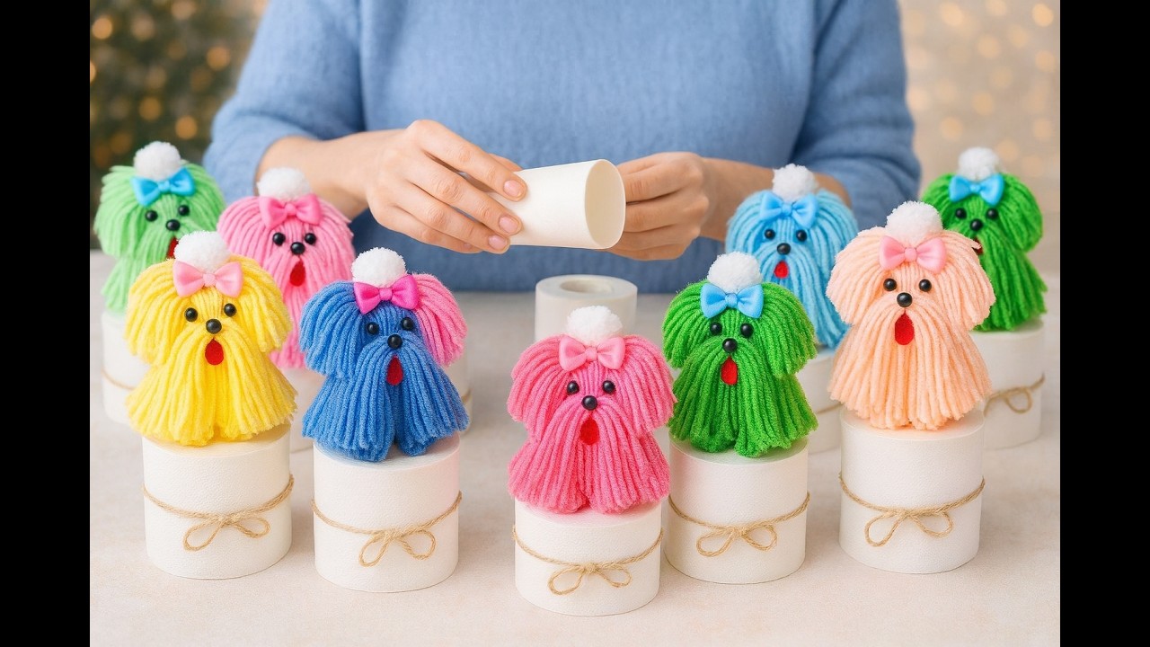“Cute fluffy dog with a roll of napkins; A quick and lovely craft 🐶✨